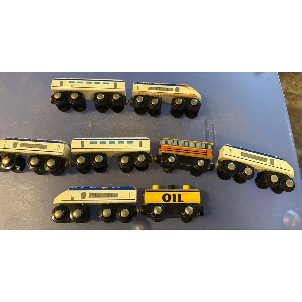 Vintage Wooden Magnetic Train Set 8 Piece Bullet Train Oil Tanker Passenger Car